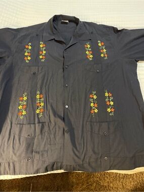 black short-sleeve guayabera with floral embroidery